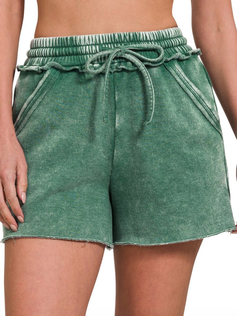 Acid Wash Fleece Drawstring Shorts with Pockets in Dark Green